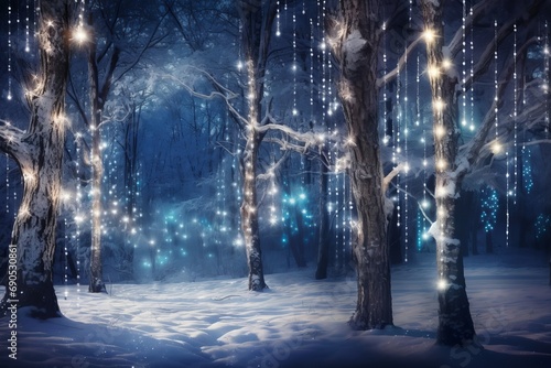 christmas background with snowy fir forest illuminated with christmas lights © tetxu