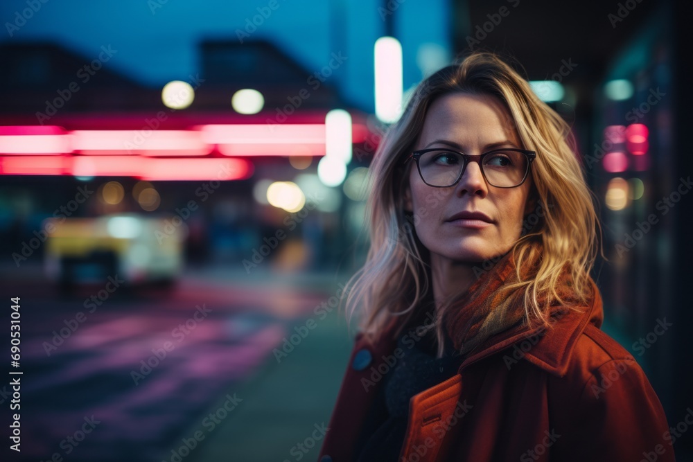 Portrait of beautiful young woman in red coat and eyeglasses at night