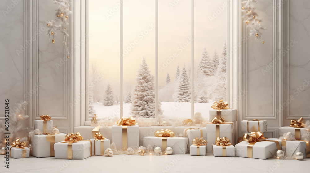 New year’s gifts in white wrapping with gold bows inside white room. Gold balls, garlands and lights add festivity. Interior with window, frontal view, light background. New year’s gifts in white wrapping with gold bows inside white room. Gold balls, garlands and lights add festivity. Interior with window, frontal view, light background.