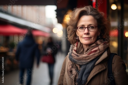 Portrait of mature woman in glasses and scarf on a city street