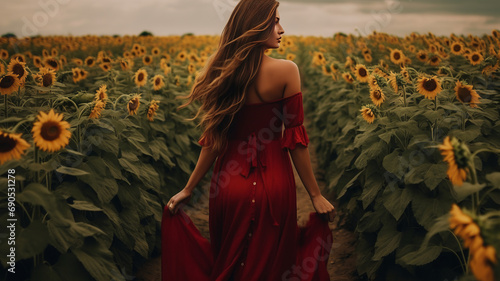 A woman wearing a red dress, standing in a field of sunflowers.Generative AI
