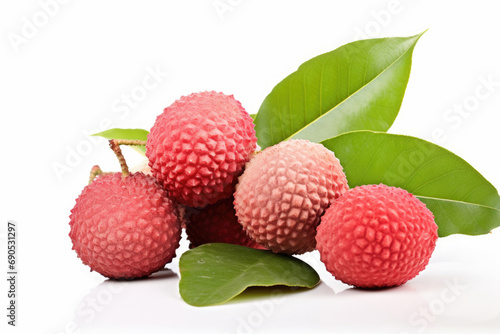 Lychee or Chinese plum with leaves on white background