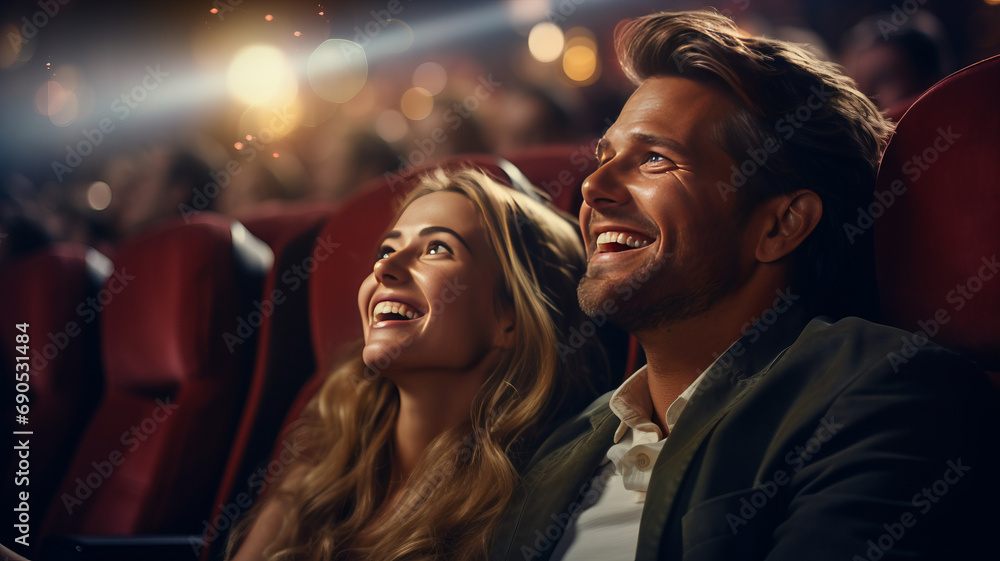 Joyful couple with family watching cinema, blurred audience background.Generative AI