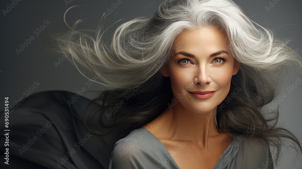 Elegant mature woman with flowing hair in studio setting. Beauty and confidence. Elegant mature woman with flowing hair in studio setting. Beauty and confidence.