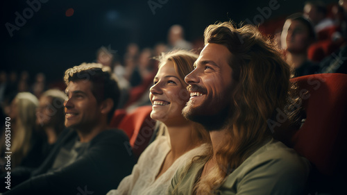 Joyful couple with family watching cinema, blurred audience background.Generative AI