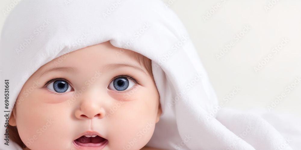 A Cute baby very closeup portrait, wearing white towel on the head blurred background A Cute baby very closeup portrait, wearing white towel on the head blurred background