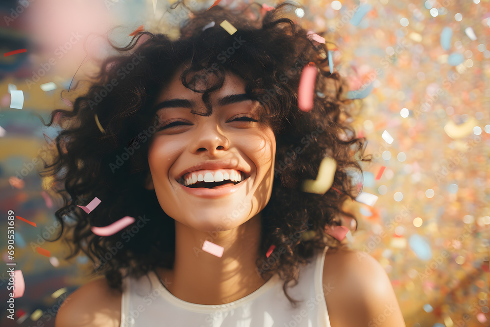 Happy cute young woman with curly brown hair with party confetti Happy cute young woman with curly brown hair with party confetti