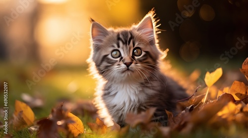 A Cute kitten playing with yellow autumn leaves at sunset. the backyard The background of the photo is a relaxing environment in the backyard.