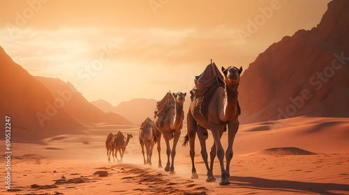A camel in the middle of a vast, dry desert.. Ai generate.