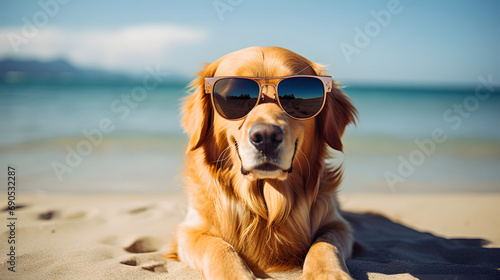 Golden retriever dog sitting on the beach and wearing sunglasses in summer. Ai generate.