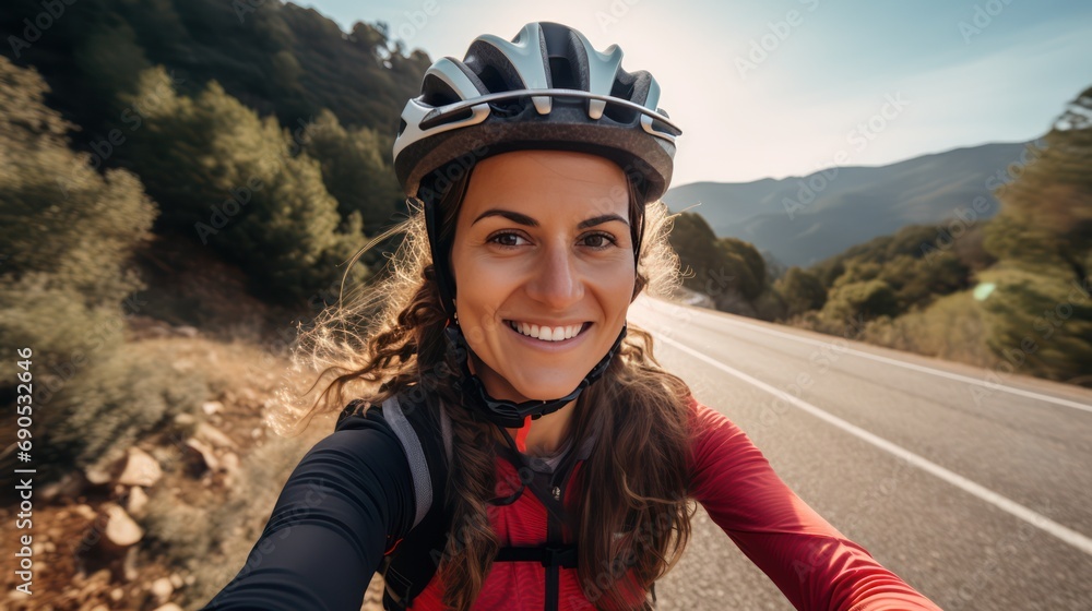 A beautiful female cyclist taking a selfie while cycling with pine trees and hills in the background. A beautiful female cyclist taking a selfie while cycling with pine trees and hills in the background.