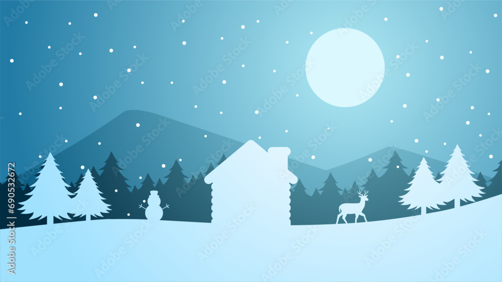 Winter silhouette landscape vector illustration. Scenery of reindeer, cabin and pine forest silhouette at winter night. Cold season landscape for illustration, background or wallpaper