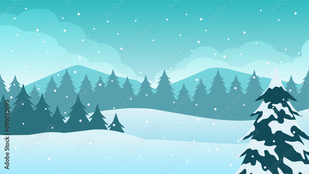 Winter pine forest landscape vector illustration. Scenery of snow covered coniferous in cold season. Snowy pine forest landscape for background, wallpaper or illustration