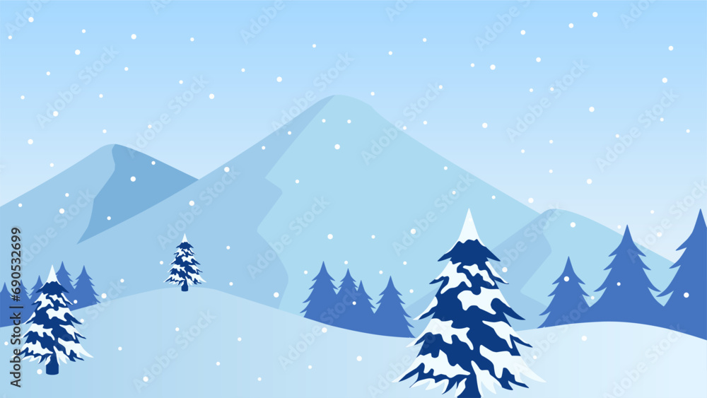 Snowy mountain landscape vector illustration. Scenery of snow covered mountain in cold season. Winter mountain landscape for background, wallpaper or illustration