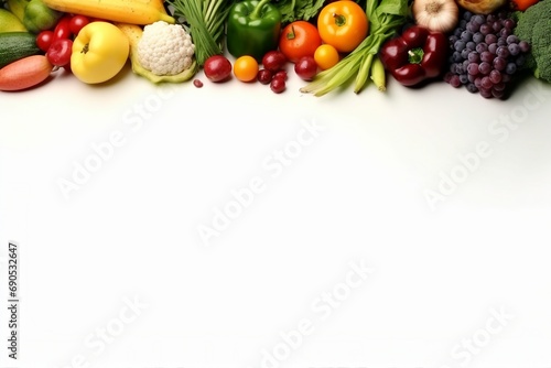 Healthy food background studio photography of different fruits and vegetables isolated on white background. Close up. Copy space. generative ai.