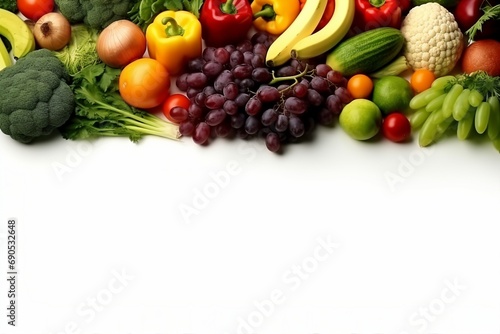 Healthy food background studio photography of different fruits and vegetables isolated on white background. Close up. Copy space. generative ai.