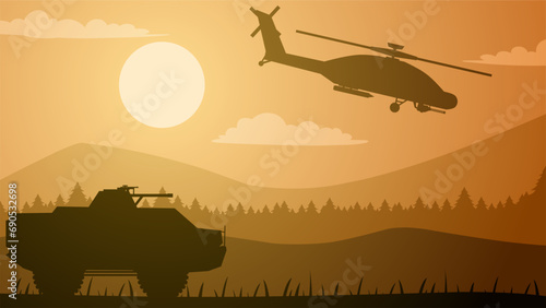 Military landscape vector illustration. Silhouette of military vehicle and attack helicopter in training field. Military landscape for background, wallpaper or illustration photo