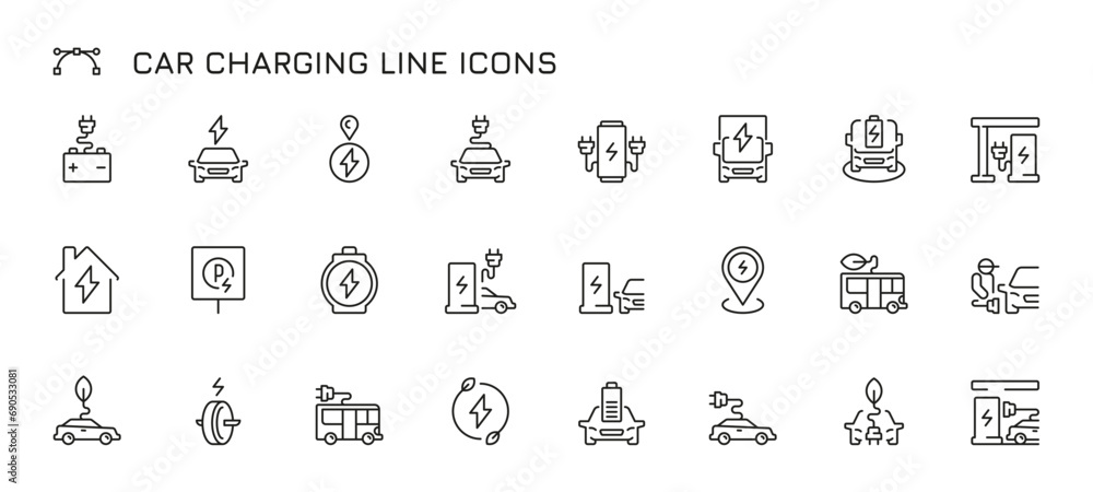 Car charging line icons. Electric vehicle charging line, electric car battery range and time, eco friendly transport concept. Vector set of battery electric power illustration - obrazy, fototapety, plakaty 