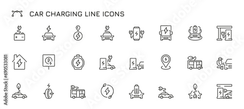 Car charging line icons. Electric vehicle charging line, electric car battery range and time, eco friendly transport concept. Vector set of battery electric power illustration photo