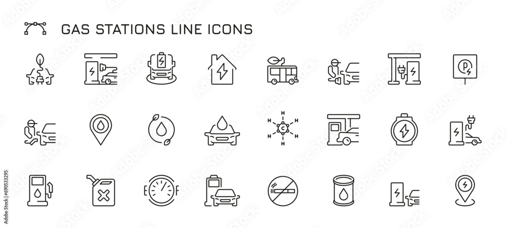 Gas station line icons. Fuel dispenser with price, petrol pump with electric charge and diesel canister. Vector petrol and diesel fuel station set of gas, line station energy illustration