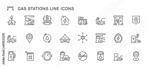 Gas station line icons. Fuel dispenser with price, petrol pump with electric charge and diesel canister. Vector petrol and diesel fuel station set of gas, line station energy illustration photo