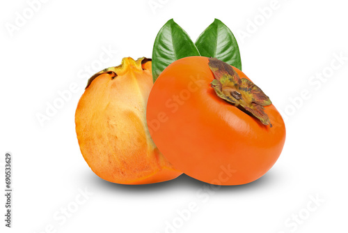 ripe persimmons with green leaf isolated on transparent