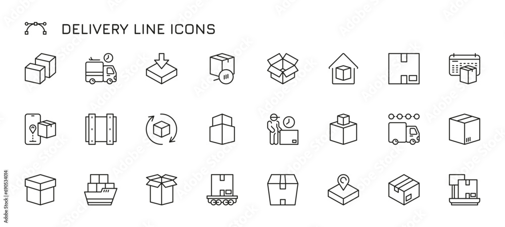 Delivery line icons. Outline shipping delivery related symbols for cargo transport, courier shipping, logistic warehouse concept. Vector set of delivery shipping outline illustration Delivery line icons. Outline shipping delivery related symbols for cargo transport, courier shipping, logistic warehouse concept. Vector set of delivery shipping outline illustration