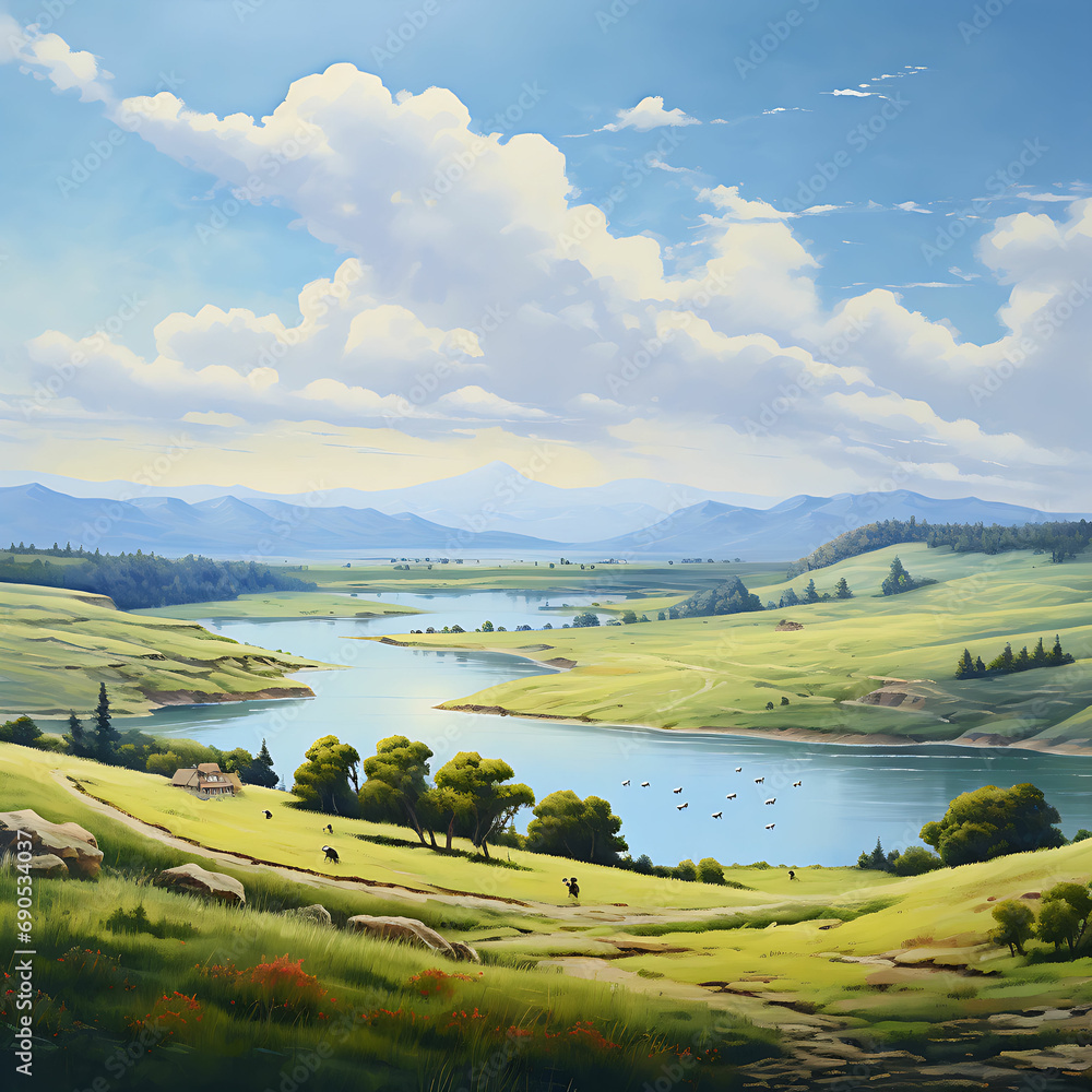 Adventure Tranquil Horizons Peaceful Rolling Hills, Flowers and Calm Lake, Natural beauty adventure, Peaceful Landscape. Generative AI