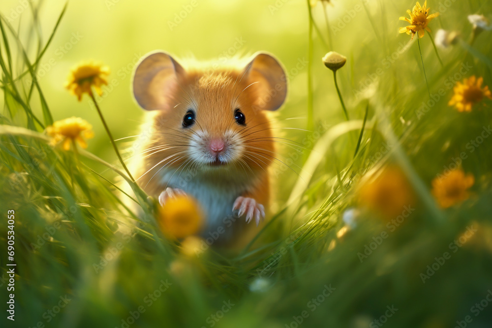 Cute tiny mouse peeks out between blades of grass and flowers. Adorable curious fairy tale character. Shallow depth of fields, blurred soft background with copy space. Cute tiny mouse peeks out between blades of grass and flowers. Adorable curious fairy tale character. Shallow depth of fields, blurred soft background with copy space.