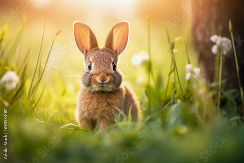 Cute bunny sitting among grass and flowers. Adorable fairy tale character. Shallow depth of fields, blurred soft bokeh background with copy space. Use for Easter banner or greeting card.