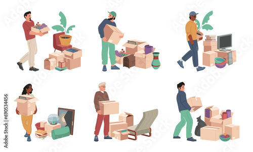 Family relocation with boxes. Packing and moving service with boxes and crates, family members moving with stuff and piles of boxes. Vector illustration. Female and male characters carrying things