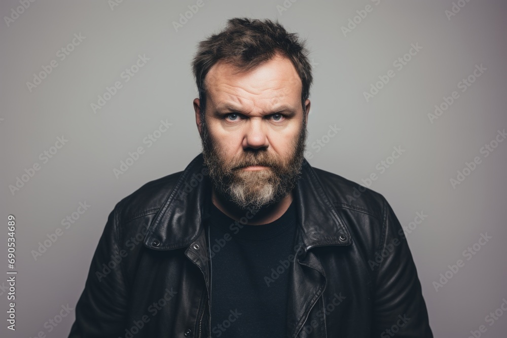 Portrait of an angry bearded man in a black leather jacket.
