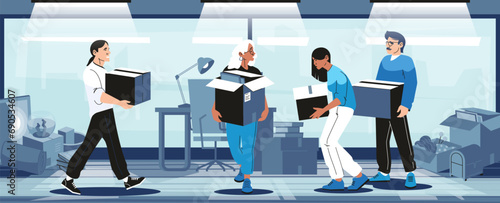 Office relocation concept. Cartoon people unpacking furniture and moving office stuff, workers moving to new office location. Vector illustration. Man and woman leaving workspace with boxes photo