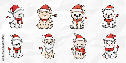Winterliche Schneelöwen: Lineart Vektorgrafik-Bundle von Schneelöwen mit Mütze und Schal