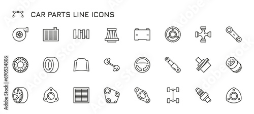 Car parts line icons. Black outline automobile engine parts, automobile transmission and engine parts, car alternator, washer and oil. Vector flat set. Vehicle maintenance and repairing
