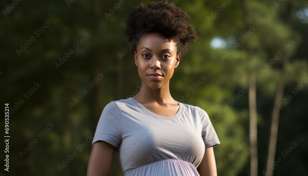 Pregnant African American, 22, in summer park, cute maternity dress, standing profile.Generative AI Pregnant African American, 22, in summer park, cute maternity dress, standing profile.Generative AI