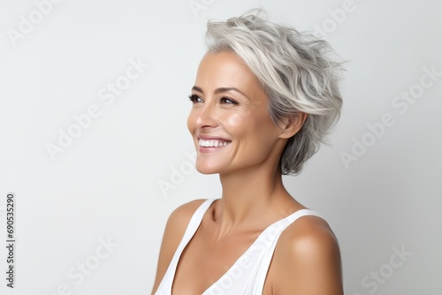 Portrait of a beautiful smiling middle aged woman with grey hair.