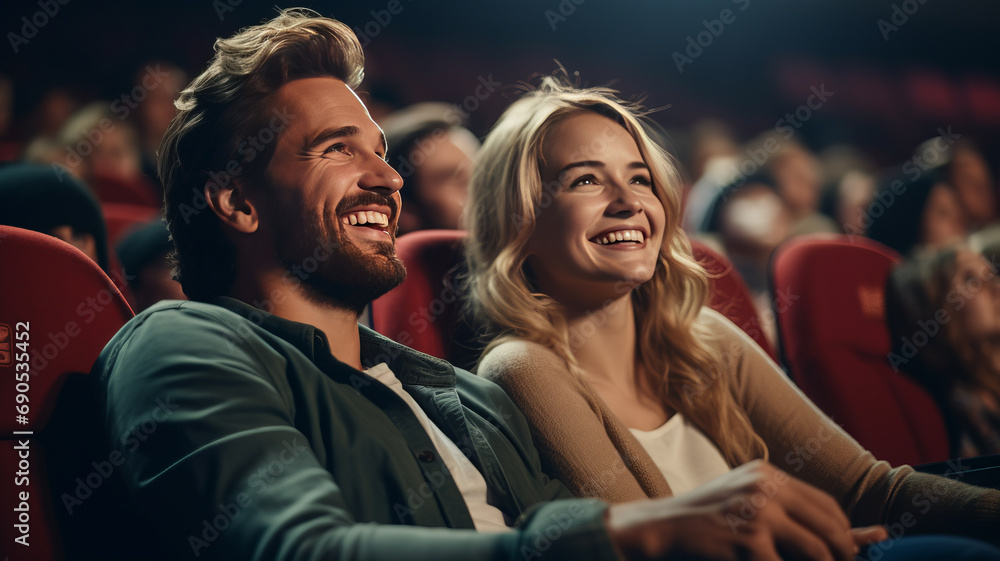 Joyful couple with family watching cinema, blurred audience background.Generative AI