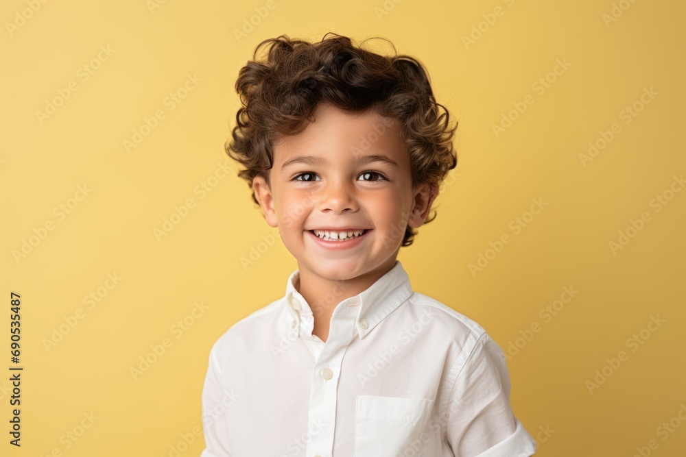 Portrait of a cute little boy with curly hair on yellow background Portrait of a cute little boy with curly hair on yellow background