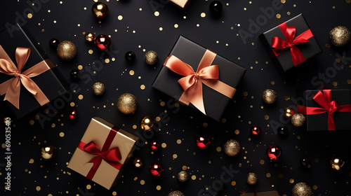 Black gifts with gold and red ribbons on a dark background. Shiny decorations and gold balls create a new year’s atmosphere. Top view, empty space