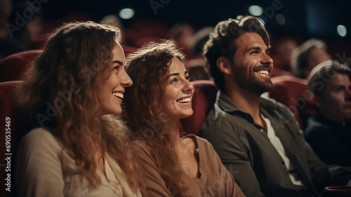 Joyful couple with family watching cinema, blurred audience background.Generative AI