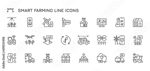 Smart farming line icons. Agriculture technology and organic agriculture concept. Vector linear sign with soil sensor and robotic devices. Drones fertilizing plants, windmill for electricity