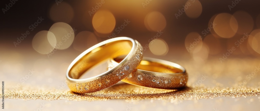 Two wedding rings on a gold background. Generative AI. Two wedding rings on a gold background. Generative AI.