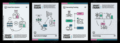 Smart farm banner. Organic agriculture concept with robot drone and GPS technology, farming drone program booklet. Vector illustration. Growing plants, controlling process on application