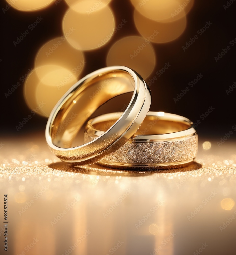 Two wedding rings on a shiny table with a bokeh effect. Generative AI. Two wedding rings on a shiny table with a bokeh effect. Generative AI.