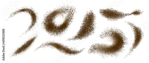 Coffee scatters. Black powder cocoa beans, sugar cacao chocolate grains, splash coffee explosion effect. Vector isolated set. Aroma flow, realistic spiral caffeine ingredient collection