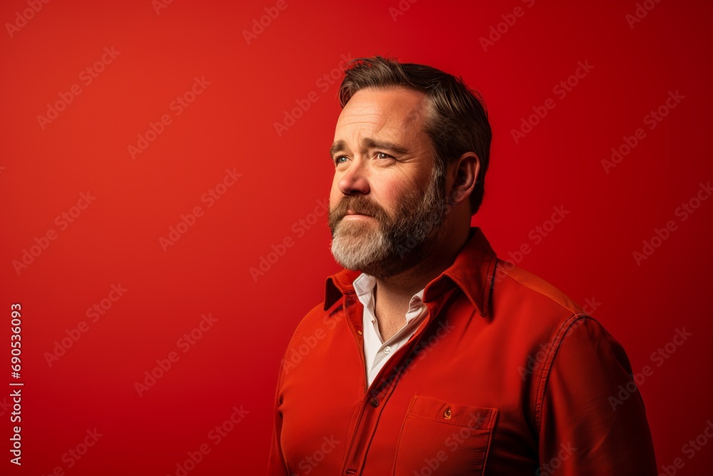 Portrait of a senior man with a beard on a red background.