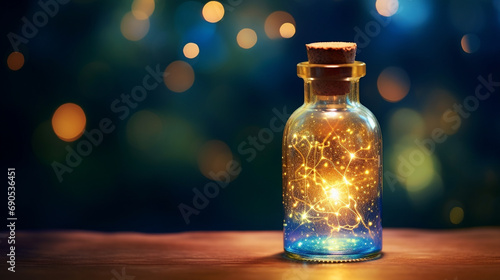 Magic in a jar. Golden glowing sparkling light in a glass bottle on a wooden table. Dark blurred background with colorful bokeh. Concept of witchcraft or delight.