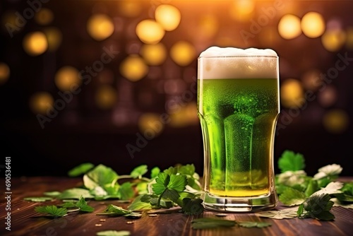 glass of green beer on wooden background