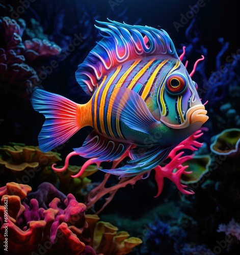 A vibrant clown fish gracefully dances through the coral in a tranquil reef, creating a mesmerizing underwater ballet. Generative AI.
